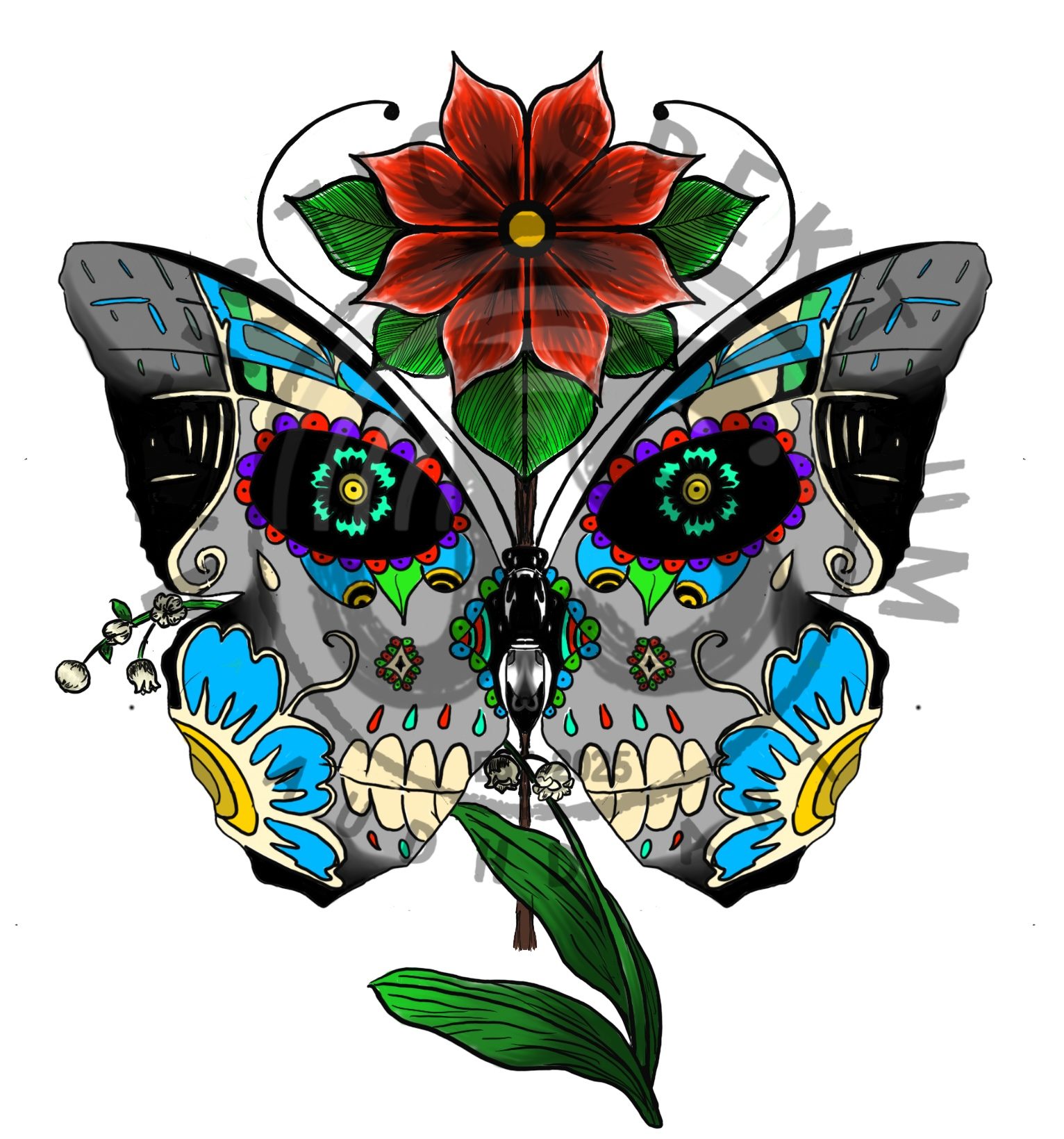 Butterfly Candy Skull with Flowers
